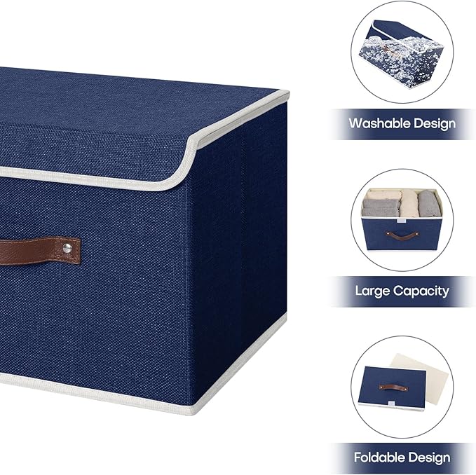 ANMINY 2PCS Storage Bins with Lid PU Leather Handles Storage Boxes PP Plastic Board Decorative Foldable Lidded Cotton Linen Fabric Home Cubes Baskets Closet Organizer Containers - Blue, Large Size