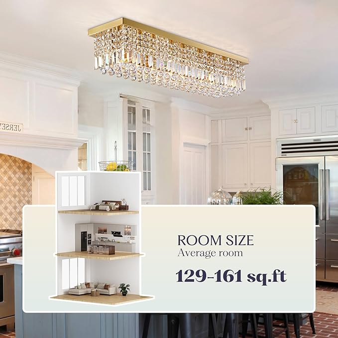 Rectangle Chandelier 8-Light Crystal Chandeliers, Modern Dining Room Light Fixture Luxury Gold Rectangular Flush Mount Chandelier Ceiling Light for Dining Room Living Room Kitchen Island Bar L40 Inch