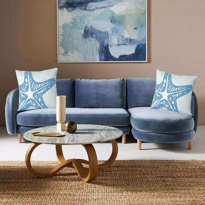 Embroidered Decorative Throw Pillow Cover, 18"x18" Set of 2, Farmhouse Pillowcase Blue Sea Star Knit Pattern Cotton Canvas Cushion Case Square Floral Pillow Case for Sofa Couch Bed Living Room
