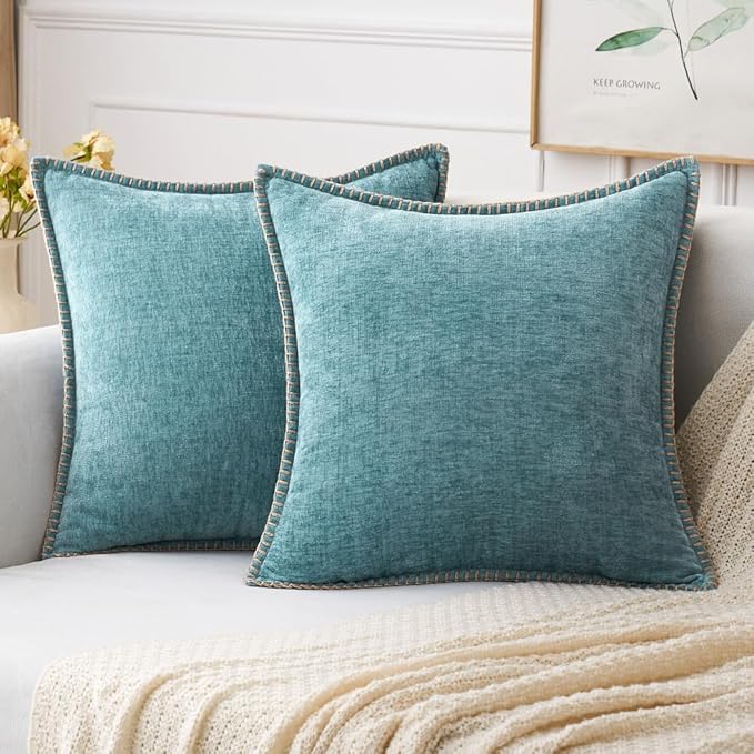MIULEE Pack of 2 Couch Throw Pillow Covers 18x18 Inch Coastal Smoke Blue Farmhouse Decorative Pillow Covers with Stitched Edge Soft Chenille Solid Dyed Spring Pillow Covers for Sofa Bed Living Room