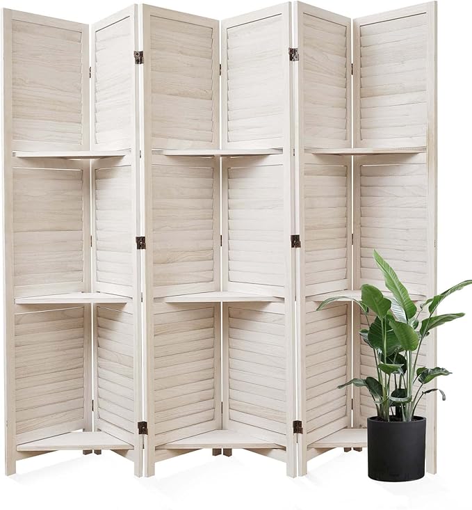 Partition Room Dividers, Folding Wood Privacy Screen with Three Display Shelves Suitable for Home Office, Study, Art Display - 6 Panel, 67 * 77inch (White)