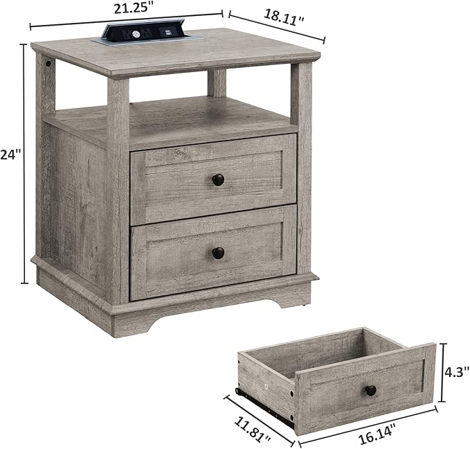 HIFYOBRO Large End Table Set of 2, 2 Drawers and Hidden Charging Station, Type-C & USB Port & Power outlets, Wooden End Table, Side Table with Storage for Living Room and Bedroom