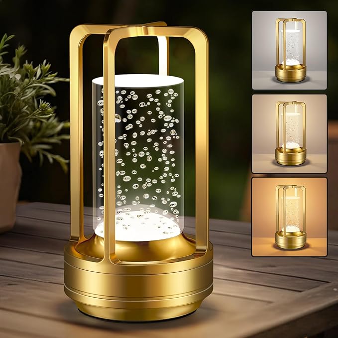 Portable Table Lamp for Outdoor Indoor: Cordless Rechargeable Desk Lamp with 3 Color Stepless Dimmable - Metal Battery Operated Small Lantern Light for Restaurant/Bedroom/Bar/Coffee Shop/Camping
