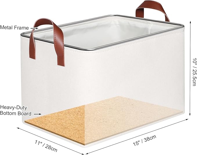 KEEGH Storage Baskets for Organizing, Fabric Storage Bins with Leather Handles, Shelf Baskets for Closet Organization, 15" L x 11" W x 10" H, White, 4 Pack