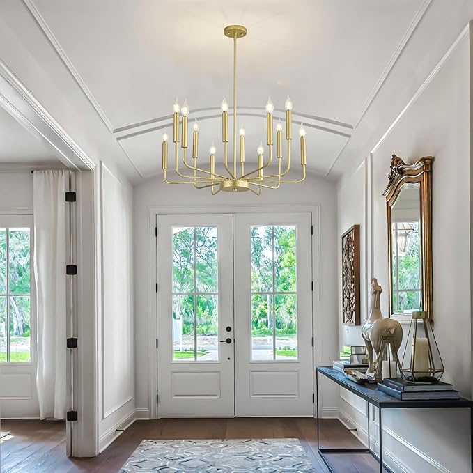 Modern Gold Farmhouse Chandeliers, 12-Light Industrial Metal Chandelier Lighting, Classic Candle Hanging Pendant Light Fixtures for Kitchen, Dining Room, Living Room, Entryway