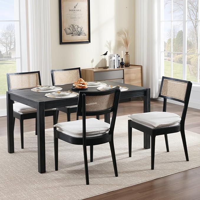 Rattan Dining Chairs Set Of 2 , Mid Century Modern Black Wooden Cane Back Chairs with Removable Sherpa Cushion , Retro Farmhouse Upholstered Kitchen & Dining Room Chairs for Restaurant Living Room
