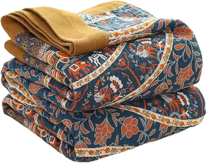 Boho Muslin Blanket for Adults 4-Layer Gauze Twin Size Soft Cozy 100% Cotton Summer Cooling Blanket Wheel Floral Decor for Sofa Bed Coverlet Both Sides (A Luck Wheel, Twin 60 x 80 in)