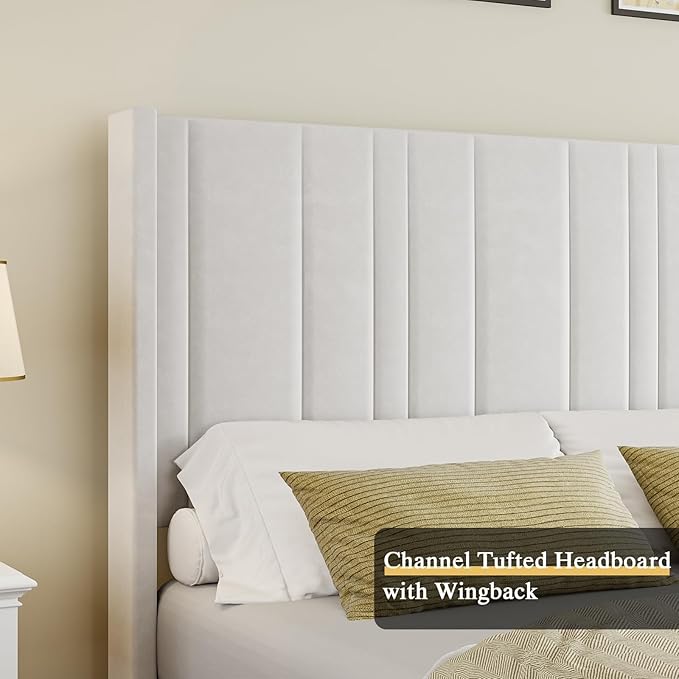King Size Bed Frame and Headboard, Soft Velvet Upholstered Bed Frames with Vertical Channel Tufted Wingback Headboard & Footboard, Soft Bed Frame King, Noise Free, Easy Assembly, White