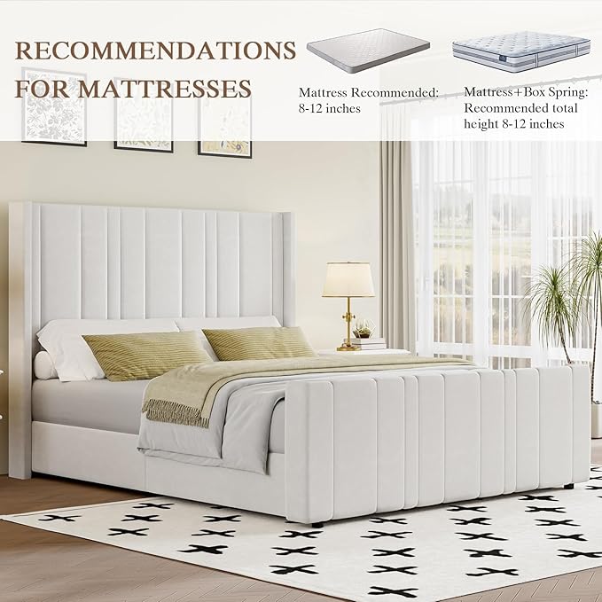 King Size Bed Frame and Headboard, Soft Velvet Upholstered Bed Frames with Vertical Channel Tufted Wingback Headboard & Footboard, Soft Bed Frame King, Noise Free, Easy Assembly, White