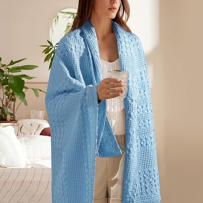 PHF 100% Cotton Waffle Weave Throw Blanket, Soft Lightweight Breathable Cozy Summer Throws for Couch Bed Sofa, Luxury Aesthetic Woven Blanket for Home Decor & Office, 50"x60", Sky Blue