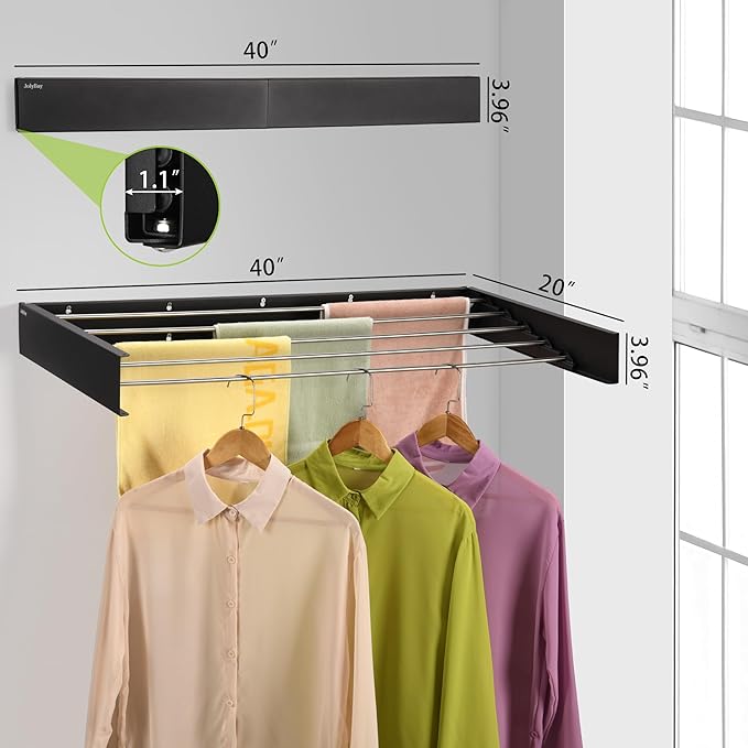 Wall Mounted Laundry Drying Rack, Retractable Clothes Drying Rack for Bathroom with Wall Template, 5 Stainless Rods Heaving 60 lb Capacity (Black, 40")