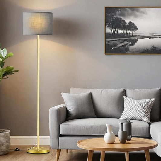 Ambimall 60'' Modern Floor Lamp with Shade, Tall Lamps for Living Room, Bedroom, Office, Dining Room, Linen Grey Shade with Brushed Gold Pole(Without Bulb)