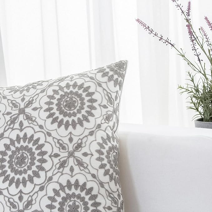 HWY 50 Gray Grey Decorative Throw Pillow Covers 18x18 Inch, Pack of 2 Embroidered Cotton Farmhouse Cushion Cover Pillow Case for Sofa Couch Living Room Bed Bedroon, Little Sunflower Design