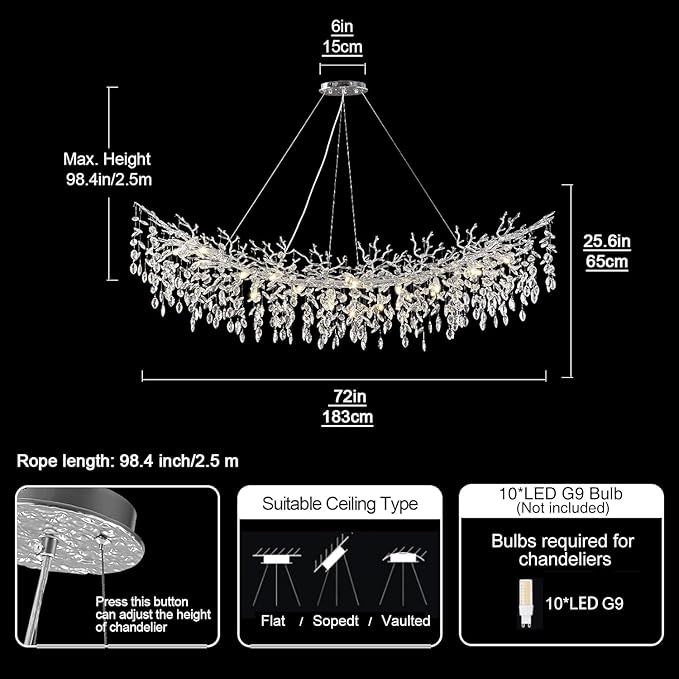 Modern Crystal Silver Chandelier,72" Large Rectangular Chandeliers for Dining Room, Tree Branch Crystal Lving Room Chandelier,Dining Room Over Table Chandelier,Fixture Height-Adjustable