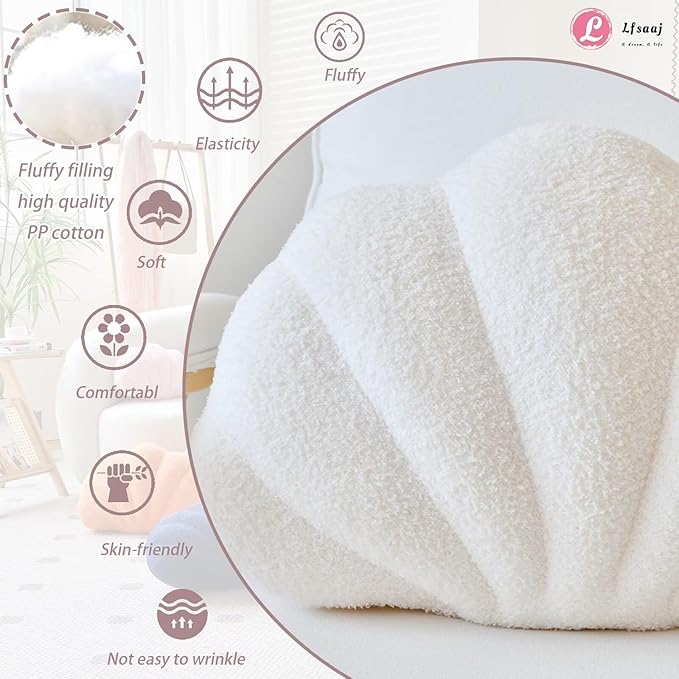 Ivory Seashell Throw Pillows, Shell Shaped Throw Pillows, 13 Inch Soft Home Decorative Pillow Plush Cushion for Bed Couch Living Sofa Room Decor Accent Throw Pillow