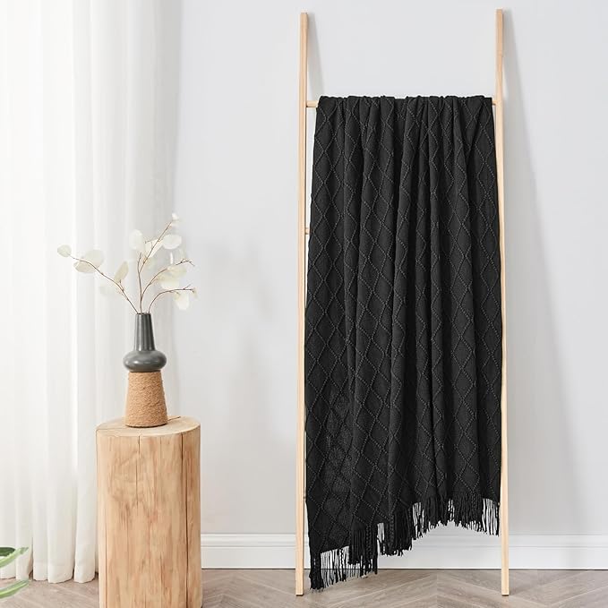 inhand Knitted Throw Blankets for Couch and Bed, Soft Cozy Knit Blanket with Tassel, Black Lightweight Decorative Blankets and Throws, Farmhouse Warm Woven Blanket for Men and Women, 50"x60"