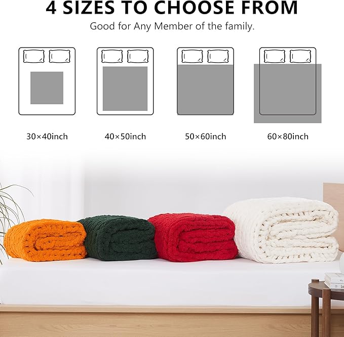 L'AGRATY Chunky Knit Blanket Throw: 30''x40'' Chenille Thick Knitted Throw for Bed & Couch - Handmade Large Crochet Rope Blanket - Orange