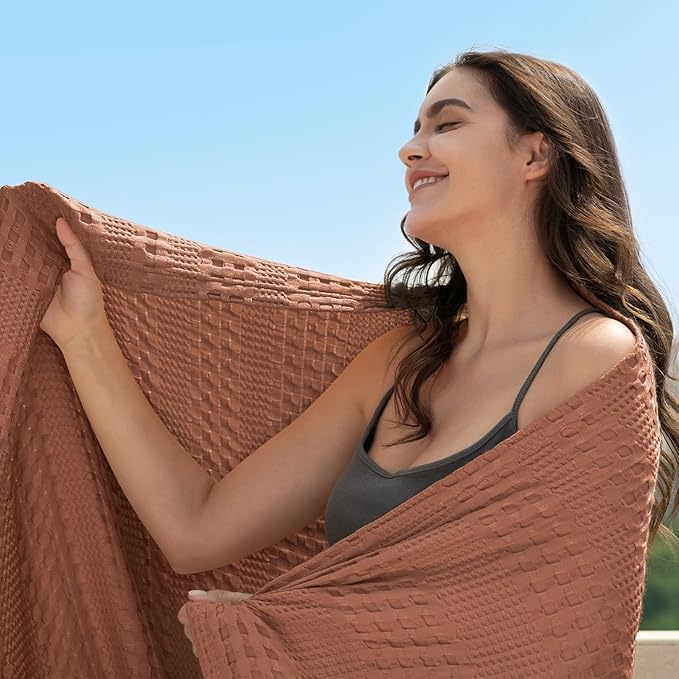 PHF Cooling Waffle Blanket Twin Size, Lightweight 60% Rayon Derived from Bamboo & 40% Cotton Breathable Blanket for Hot Sleepers, Soft and Luxury for Bed Couch and Sofa, 66"x90", Burnt Umber