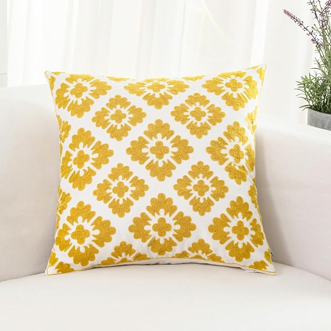 HWY 50 Mustard Yellow Decorative Throw Pillow Covers 18x18 Inch (1 Piece), Embroidered Cotton Farmhouse Cushion Cover Pillow Case for Sofa Couch Living Room Bed, Little Sunflower