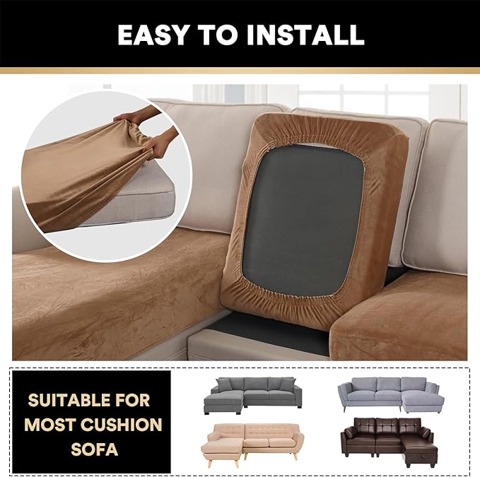 PrinceDeco Sectional Couch Covers 3 Pieces Velvet Sofa Covers L Shape Soft Couch Covers for Sectional Sofa Corner Sofa Cover Couch Cover for Dogs Washable (2 Seater + 1 Chaise,Camel)