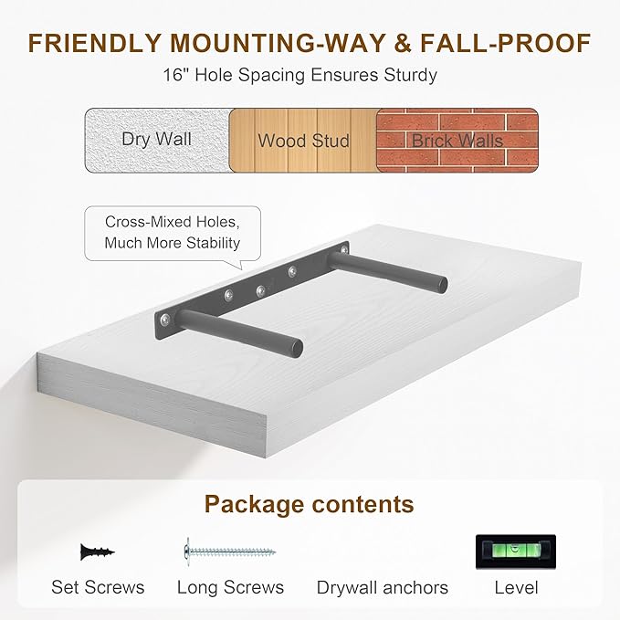 Fun Memories White Floating Shelves 36 Inch Long, 8 Inch Deep Floating Shelf for Wall, 36" W x 8" D Floating Shelves Set of 2, White Deep Wall Shelves for Bedroom, Living Room, Kitchen