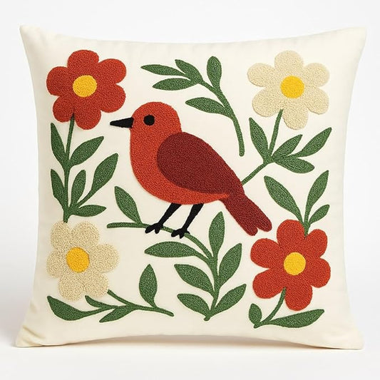 Throw Pillow Cover with Bird Embroidery – 18x18 inch Handmade Punch Needle Cushion Cover – 100% Cotton Decorative Pillow for Couch, Bed or Living Room – Boho Nature-Inspired Home Decor