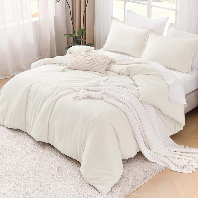 Litanika Ivory Comforter Set King Size, 3 Pieces Lightweight Solid Bedding Comforter Set, All Season Fluffy Bed Set (104x90In Comforter & 2 Pillowcases)