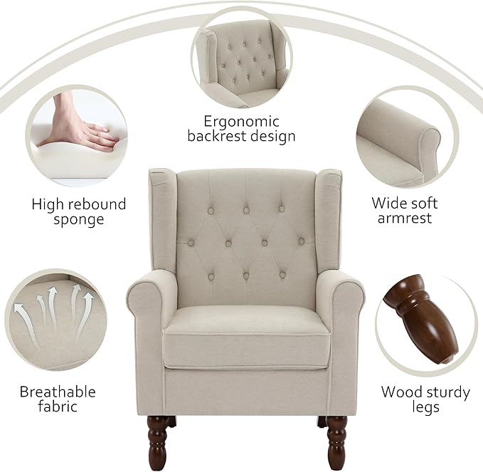 Lumibee High Back Accent Chair,Upholstered Wingback Armchair with Solid Wood Legs for Small Spaces,Comfy Single Sofa Chair for Living Room,Bedroom,Office-Beige