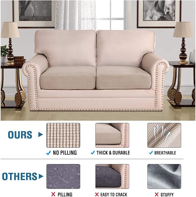 H.VERSAILTEX Super Stretch Individual Seat Cushion Covers Sofa Covers Couch Cushion Covers Slipcover Sets Thick Jacquard Textured Twill Fabric (2 Piece Medium Sofa Cushion Covers, Sand)