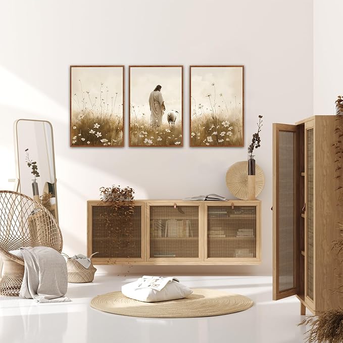 KAIRNE Jesus Framed Canvas Wall Art,Lost Sheep Wall Decor Set of 3(16”X24”),Holy Christian Art Print,Religious Scripture Pictures,Bible Renaissance Wall Painting for Living Room,Bedroom,Church Decor