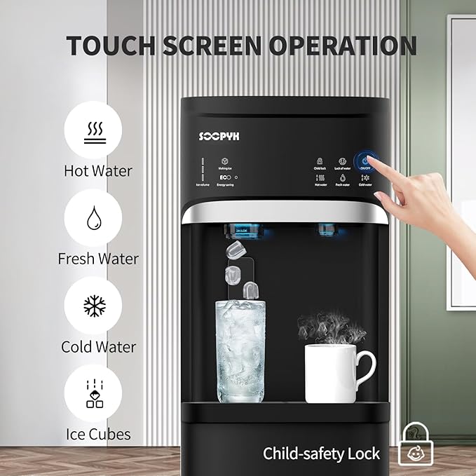 Self Cleaning Hot and Cold Bottom Load Water Cooler Dispenser with Ice Maker for 5 Gallon 3 Temperature Settings 22lbs Daily Capacity Black