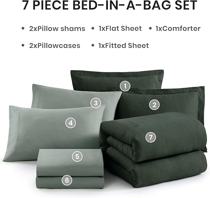 Monbix King Size Comforter Set, Deep Forest King Size Bedding Set Reversible, King Comforter Set 7 Pieces, Cationic Dyeing Bed in a Bag with Comforter, Sheets, Pillowcases & Shams