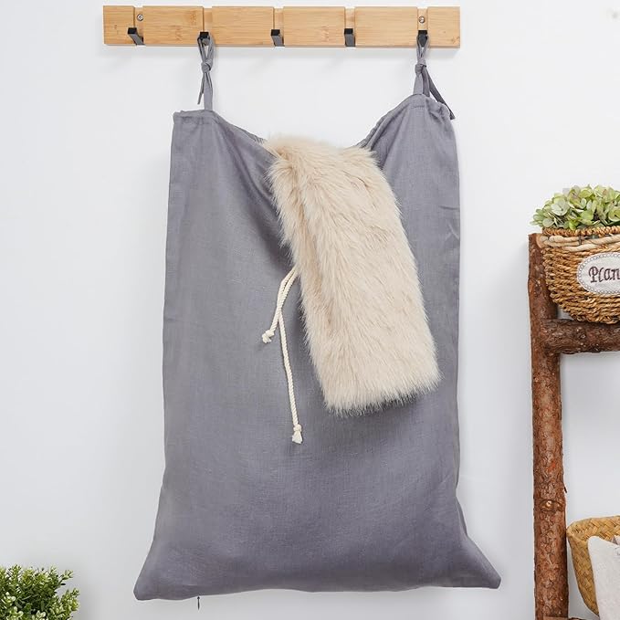 Linen Hanging Laundry Bag, Over The Door Laundry Hamper for Dirty Clothes, Drawstring Closure with Bottom Zipper, Gray