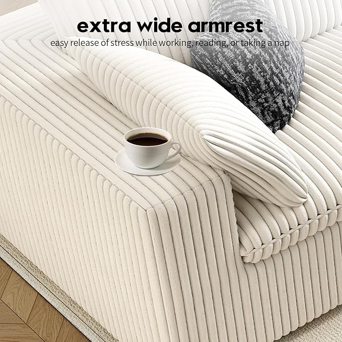 118" Cloud Couch Modular Sectional Sofa for Living Room,Modern Sofa with Deep Seat，L-Shape Boneless Couch with Ottoman,Comfy Upholstered Corduroy Couches for Apartment, Studio, Office,Bedroom，White
