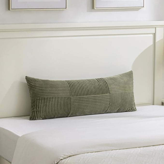 Fancy Homi Set of 2 Olive Green Boho Long Lumbar Body Decorative Throw Pillow Cover 14x36 Inch for Bed Couch Bedroom Bench, Soft Patchwork Corduroy Textured Pillow Case, Rustic Farmhouse Room Décor