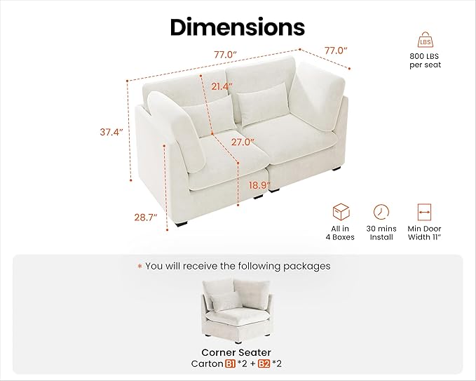 Oversized Modular Sofa, Extra Deep Cloud Chenille Sectional Couch with Ottoman Chaise, Fluffy Chenille 2 Seater Sofa Bed for Living Room, Villa (Loveseat Sofa, Chenille White)