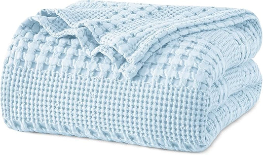 PHF 100% Cotton Waffle Weave Blanket King Size, Soft Lightweight Breathable Cozy Summer Blankets for Bed, Luxury Aesthetic Woven Bedding for Home Decor, 108"x90", Baby Blue