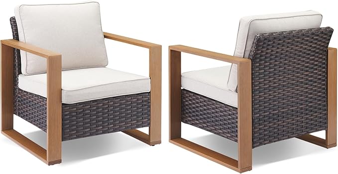 Outdoor Wicker Patio Furniture Set - 5 Piece Patio Conversation Set with 2 Wicker Armrest Chairs,2 Rattan Ottoman and 1 Couch,Sturdy Frame,Thick Cushions,Deep Seating(Brown/Beige)