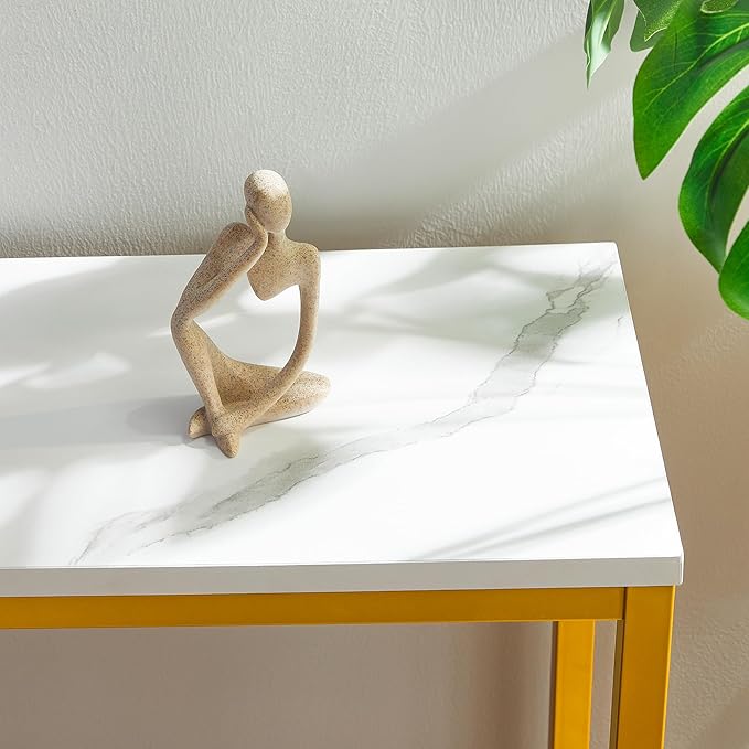 ELYKEN 2 Pack 5.9" Narrow Console Sofa Table with Power Outlets and USB Port, 5.9" Dx39.4 Wx31.1 H Marble Texture Skinny Couch Table with Golden Metal Frame