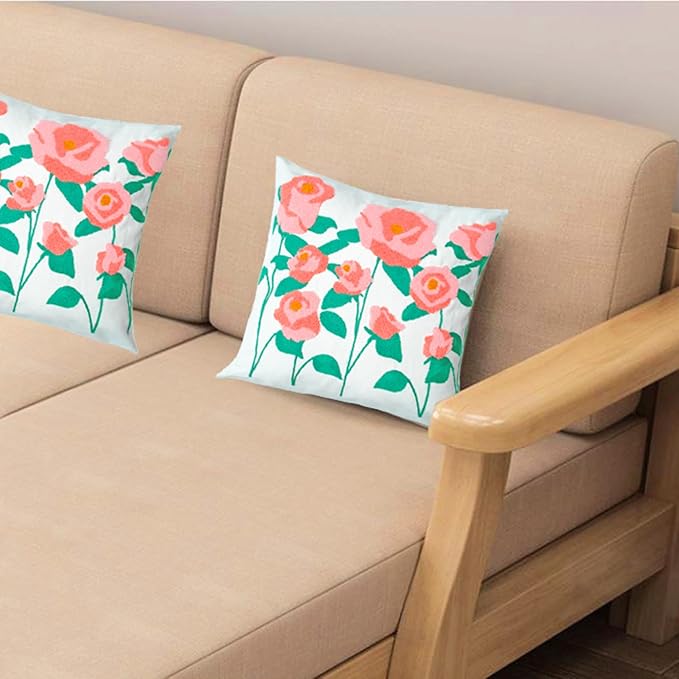 Embroidered Decorative Throw Pillow Cover, 18"x18" Set of 2, Farmhouse Pillowcase Pink Rose Knit Pattern Cotton Canvas Cushion Case Square Floral Pillow Case for Sofa Couch Bed Living Room…