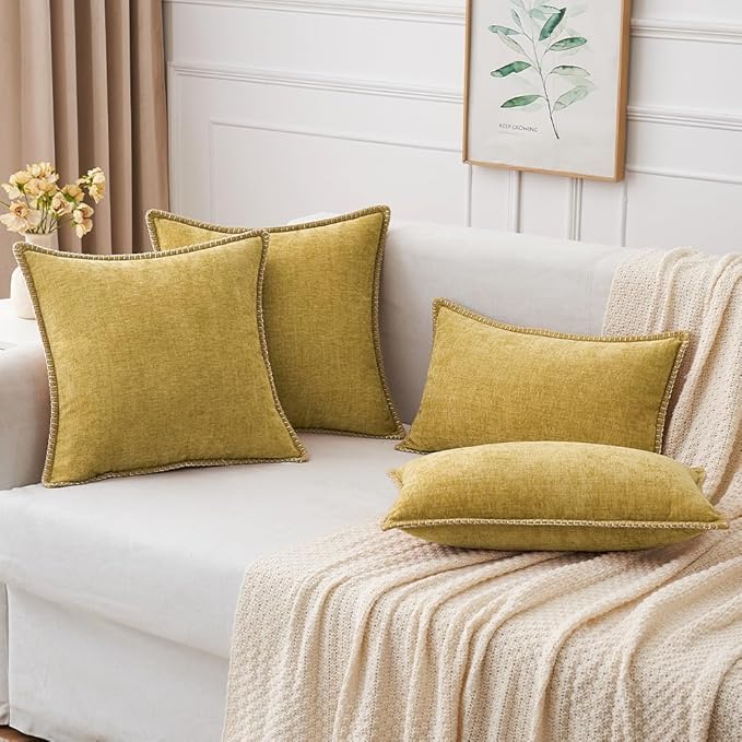 MIULEE Pack of 2 Couch Throw Pillow Covers 18x18 Inch Mustard Yellow Farmhouse Decorative Pillow Covers with Stitched Edge Soft Chenille Solid Dyed Fall Pillow Covers for Sofa Bed Living Room