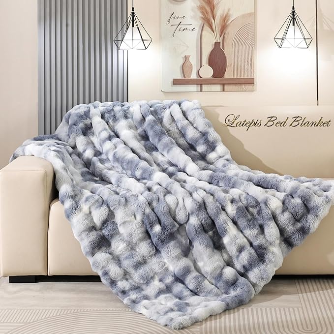 Latepis Faux Fur Fluffy Blanket for Couch, Super Soft Luxury Faux Fur Bubble Plush Thick Warm Cozy Fuzzy Twin Blanket for All Seasons, 60” x 80”, Tie-dye Blue, 860GSM