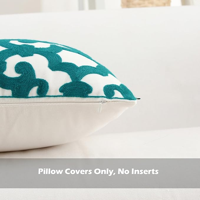 HWY 50 Teal Decorative Throw Pillow Covers 18x18 Inch (1 Piece), Embroidered Cotton Farmhouse Cushion Cover Pillow Case for Sofa Couch Living Room Bed, Geometric