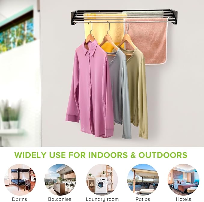 Wall Mounted Laundry Drying Rack, Retractable Clothes Drying Rack for Bathroom with Wall Template, 5 Stainless Rods Heaving 60 lb Capacity (Black, 31.5")
