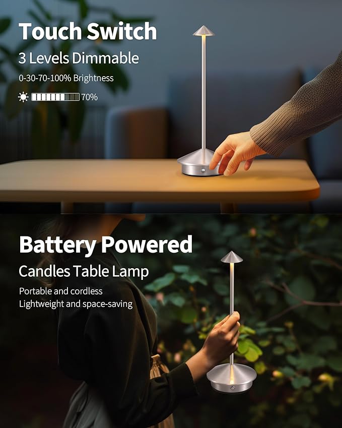 Modern Cordless Table Lamp Set of 2, Portable LED Desk Lamps, 5000mAh Rechargeable Battery Operated Lighting for Bedroom Dining Room Restaurant Coffee Shop Camping Night Light (Brushed Nickel)