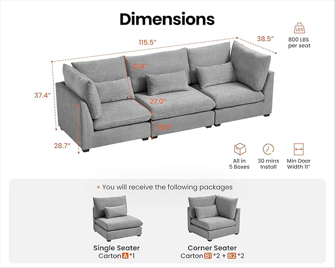 Oversized Modular Sofa, Extra Deep Cloud Chenille Sectional Couch with Ottoman Chaise, Fluffy Chenille 3 Seater Sofa for Living Room, Villa (Basic 3 Seater, Chenille Grey)