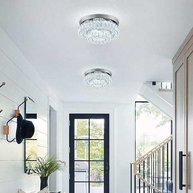 11.8" LED Chandelier 2-Layer Crystal Ceiling Light Fixture with Remote Control Flush Mount Chandelier Light for Hallway Bedroom Living Room Kitchen Foyer(dimmable)