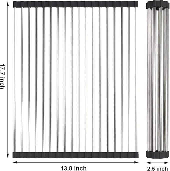Searik Dish Drying Rack Roll Up Sink Drying Rack, Over The Sink Dish Rack Multi-Use Stainless Steel Dish Drainers Heat Resistant Mat for Drying Draining Trivet (17.7"x13.8")