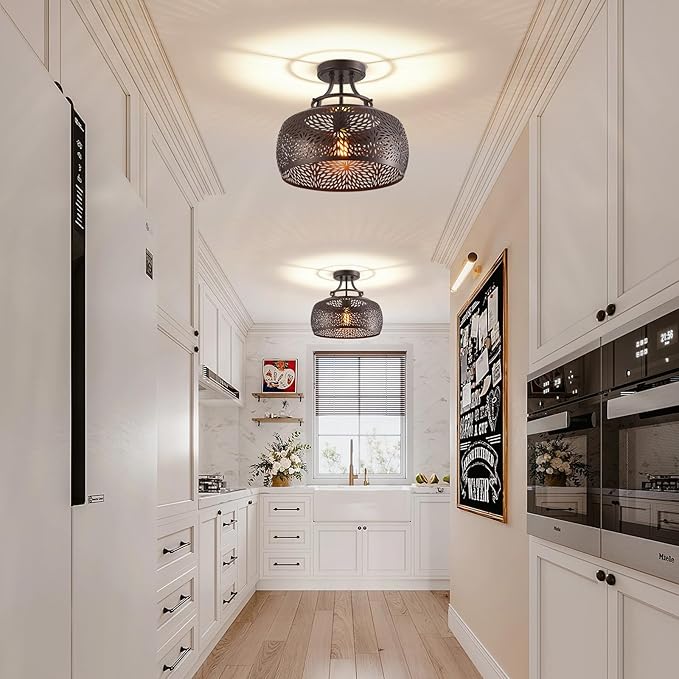 WUZUPS Chandelier Rustic Farmhouse Industrial Round Semi-flushmount Ceiling LED Light Fixture with Later-Cut Openwork Drum Shade, H 11.8" x W 13.4", Oil Rubbed Bronze