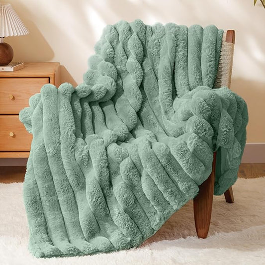 BEDELITE Faux Rabbit Fur Blanket, Luxurious 3D Striped Spring Blanket for Decor & Gift, Soft and Warm Plush Fluffy Faux Fur Throw Blanket All Seasons Suitable, (Sage Green, 60"x 80")